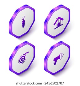 Set Isometric Carrot, Farm house, Garden hose and  icon. Purple hexagon button. Vector