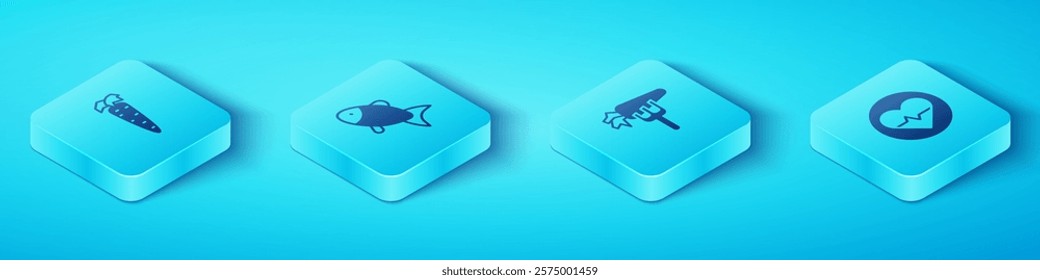 Set Isometric Carrot, Fish, Heart rate and  icon. Vector