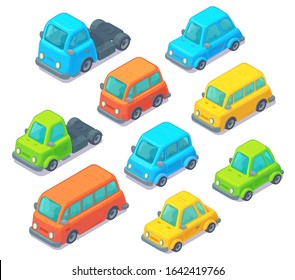 Set of isometric cars. Cartoon style. City transport including car, bus and truck. Isolated on white background.