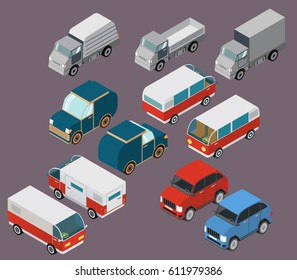 Set of isometric cars. Vehicle truck, van, SUV. A retro the family minivan for road trips and travel. A concept of icons for childish sports and toys. The car for a game. Vector.
