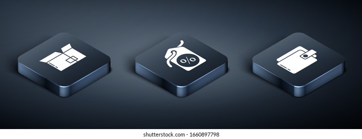 Set Isometric Carton cardboard box, Wallet and Discount percent tag icon. Vector