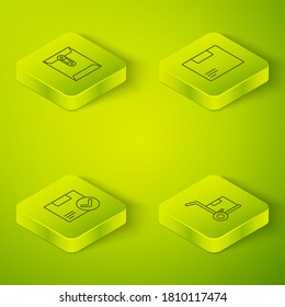 Set Isometric Carton cardboard box, Package with check mark, Hand truck and boxes and Envelope icon. Vector