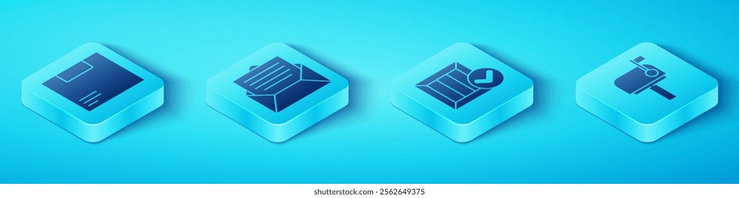 Set Isometric Carton cardboard box, Envelope, Mail box and Wooden box with check mark icon. Vector