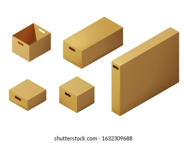 Set Isometric carton packaging box. 3D realistic icons. Box cardboard, craft packaging, isolated vector