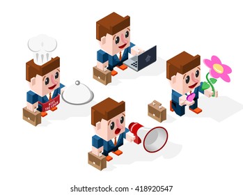 Set of Isometric Cartoon Businessmen in Action on White Background. Isolated Vector Elements.