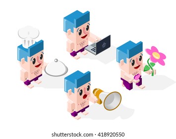 Set of Isometric Cartoon Men in Action on White Background. Isolated Vector Elements.