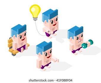 Set of Isometric Cartoon Men in Action on White Background. Isolated Vector Elements.