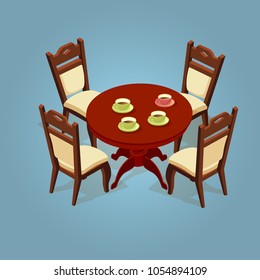 Set of the isometric cartoon table and chairs icon isolated on blue. Wooden volumetric round table and four chairs. Detailed objects. Vector flat style illustration.