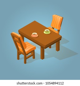 Set of the isometric cartoon table and chairs icon isolated on blue. Wooden volumetric rectangle table and two chairs. Detailed objects. Vector flat style illustration.
