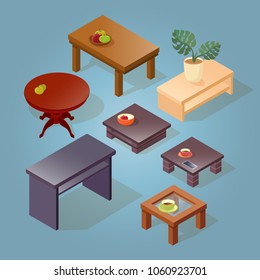 Set of the isometric cartoon table icon isolated on blue. Various wooden volumetric tables. Detailed objects. Vector flat style illustration.