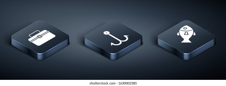 Set Isometric Case or box container for wobbler and gear fishing equipment, Fish and Fishing hook icon. Vector