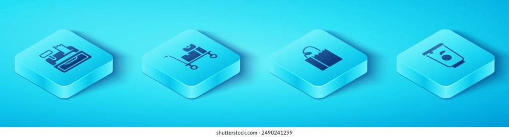 Set Isometric Cash register machine, Hand truck and boxes, Yogurt container and Paper bag with bread loaf icon. Vector