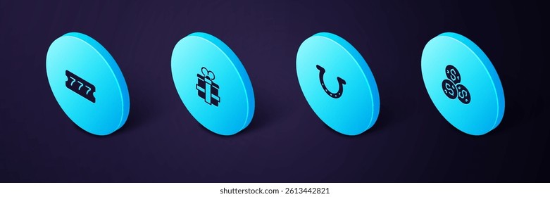 Set Isometric Casino chip with dollar, Horseshoe, Gift box and Lottery ticket icon. Vector