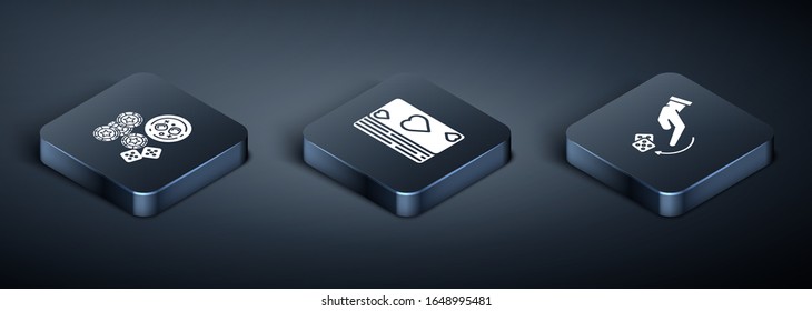 Set Isometric Casino chips, game dice and glass of whiskey with ice cubes, Human hand throwing game dice and Deck of playing cards icon. Vector