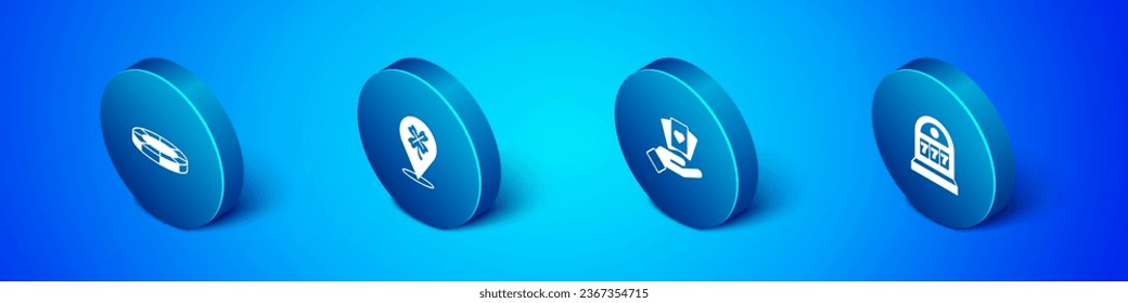 Set Isometric Casino chips, Hand holding playing cards, Slot machine with jackpot and slot clover icon. Vector