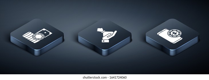 Set Isometric Casino chips and stacks money cash, Online poker table game and Hand holding money bag icon. Vector
