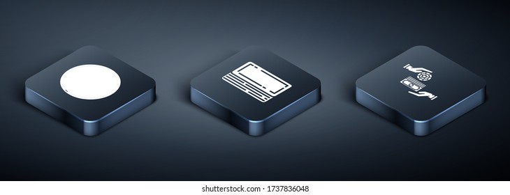 Establece la rueda de la ruleta del Casino Isometric, los chips del Casino intercambian en pilas de dólares y el icono de la cubierta de cartas de juego. Vector