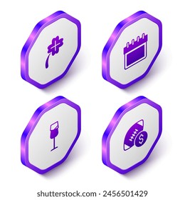 Set Isometric Casino slot machine with clover, Calendar, Wine glass and American football betting money icon. Purple hexagon button. Vector