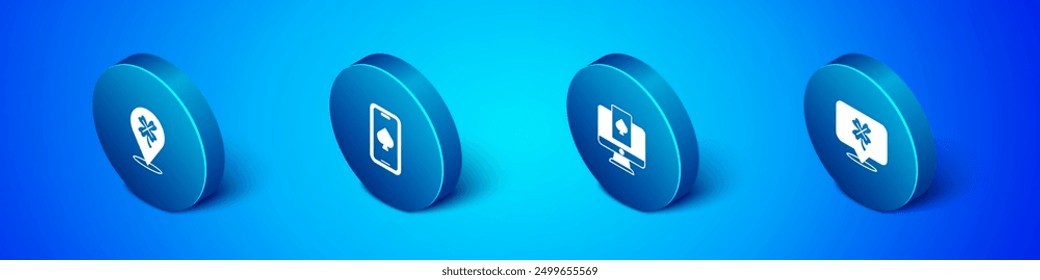 Set Isometric Casino slot machine with clover, Online poker table game,  and  icon. Vector