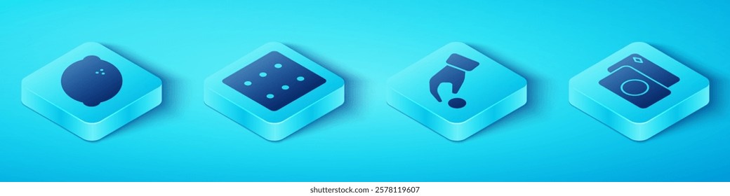 Set Isometric Casino slot machine with lemon, Game dice, Deck of playing cards and Hand holding casino chips icon. Vector