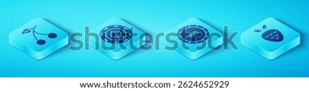Set Isometric Casino slot machine with cherry, Casino chips, Casino slot machine with strawberry and Casino chips icon. Vector