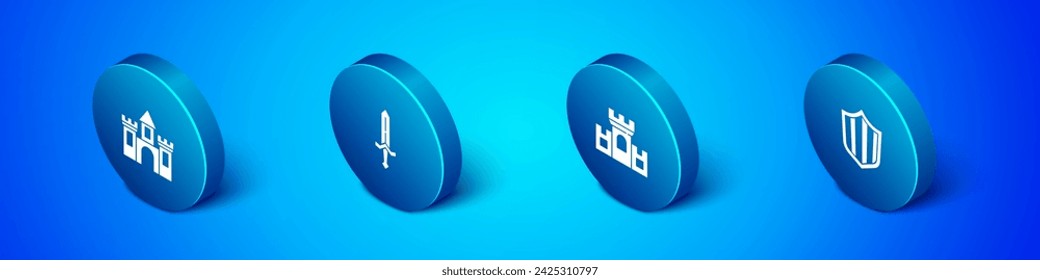 Set Isometric Castle, fortress, , Shield and Medieval sword icon. Vector