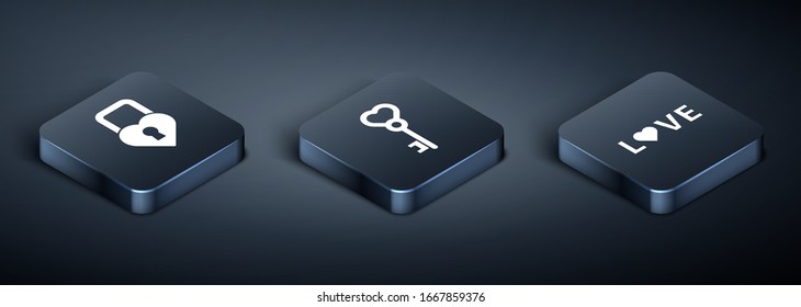 Set Isometric Castle in the shape of a heart, Love text and Key in heart shape icon. Vector