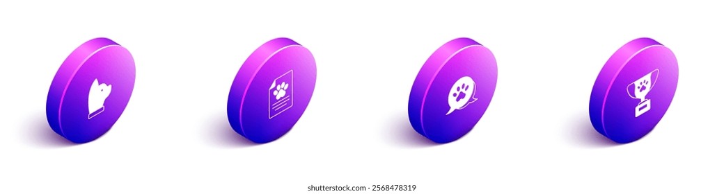 Set Isometric Cat, Medical clinical record pet, Paw print and Pet award symbol icon. Vector