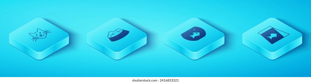 Set Isometric Cat, Pet food bowl for cat or dog, Food fish and Aquarium with icon. Vector