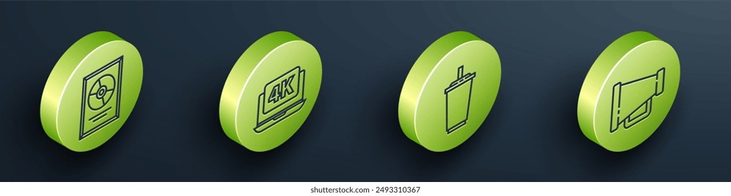 Set Isometric CD disk award in frame, Laptop with 4k video, Paper glass with water and Megaphone icon. Vector