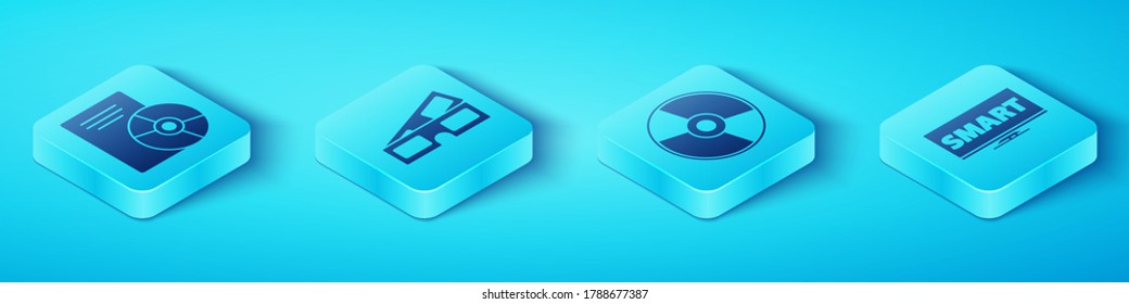 Set Isometric CD or DVD disk, 3D cinema glasses, Screen tv with Smart video and CD or DVD disk icon. Vector