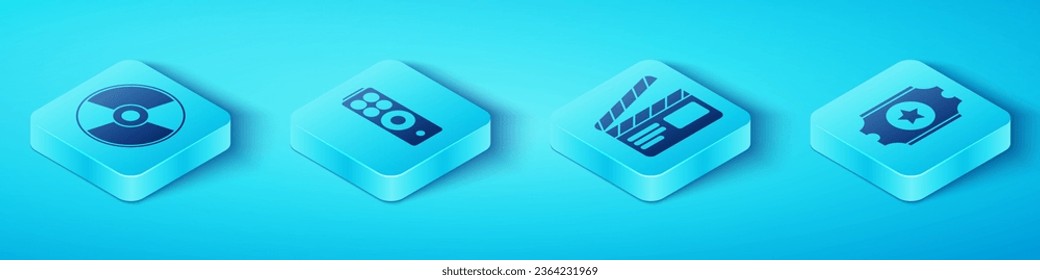 Set Isometric CD or DVD disk, Remote control, Cinema ticket and Movie clapper icon. Vector