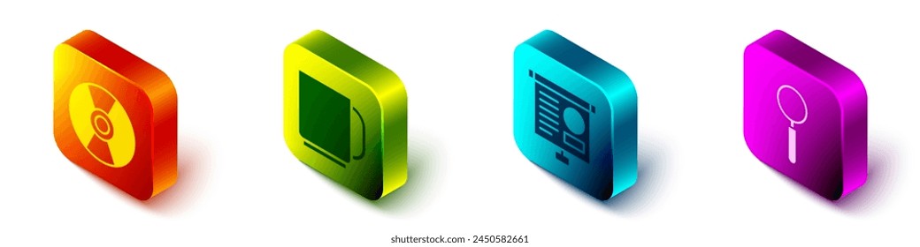 Set Isometric CD or DVD disk, Coffee cup, Chalkboard with diagram and Magnifying glass icon. Vector