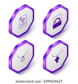 Certificado isométrico del diamante, anillo de compromiso de diamante en caja, collar de medallón e icono de cadena cruzada cristiana. Botón hexagonal púrpura. Vector