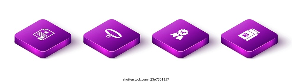 Set Isometric Certificate for dog or cat, Cat collar, Dog award symbol and Bag of food pet icon. Vector