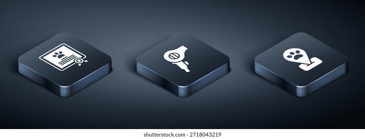 Set Isometric Certificate for dog or cat, Location pet grooming and Hair dryer icon. Vector