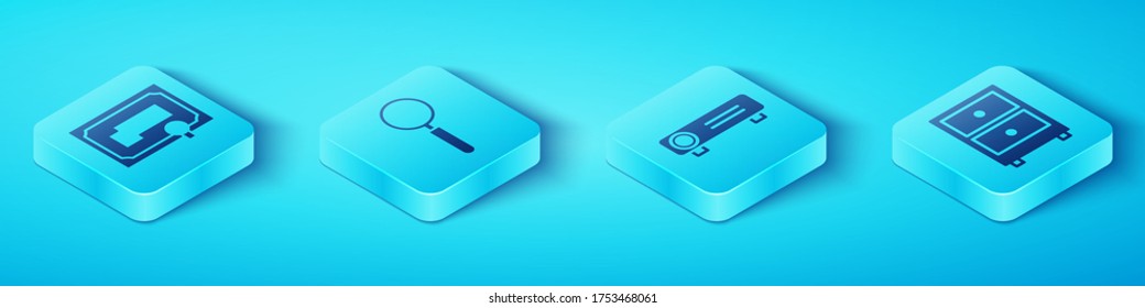 Set Isometric Certificate template, Magnifying glass, Drawer with documents and Movie, film, media projector icon. Vector