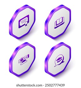 Set Isometric Certificate template, Online class, Web camera and Graduation cap speech bubble icon. Purple hexagon button. Vector