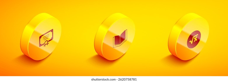 Set Isometric Certificate template, Open book and Square root of x glyph icon. Vector