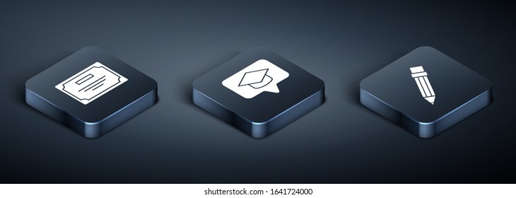 Set Isometric Certificate template, Pencil with eraser and Graduation cap in speech bubble icon. Vector