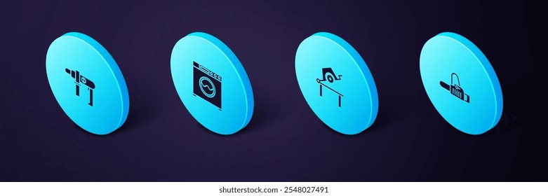 Set Isometric Chainsaw, Table for woodwork, Washer and Electric drill machine icon. Vector