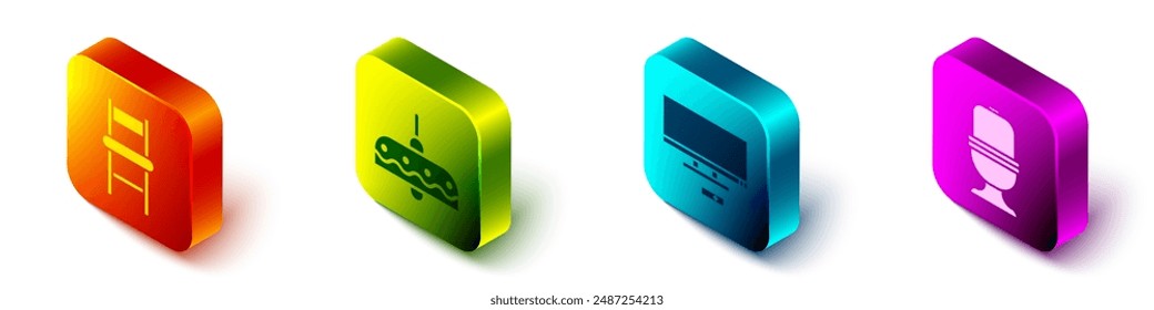 Set Isometric Chair, Chandelier, Smart Tv and Toilet bowl icon. Vector