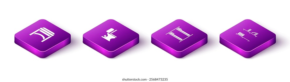 Set Isometric Chair, Toilet bowl, Bunk bed and Shelf with books icon. Vector