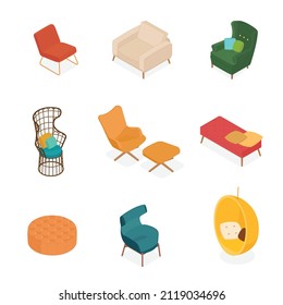Set of isometric chairs and armchairs. Vector collection. Illustration in flat design. 