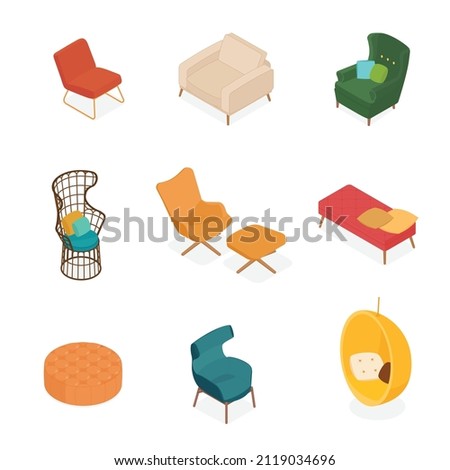 Set of isometric chairs and armchairs. Vector collection. Illustration in flat design. 