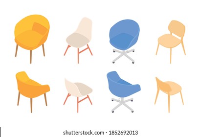 Set of isometric chairs. Vector collection. Illustration in flat design.