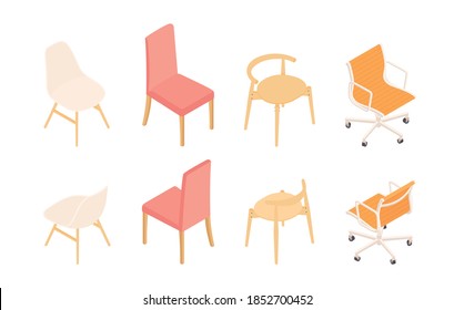 Conjunto de sillas isométricas. Colección de vectores. Ilustración en diseño plano.