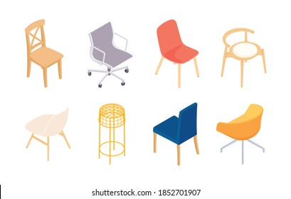 Conjunto de sillas isométricas. Colección de vectores. Ilustración en diseño plano.