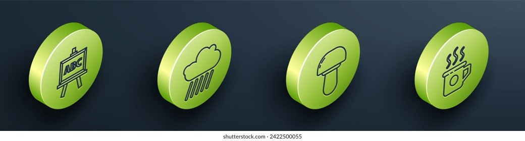 Indique el tablero isométrico, la nube con lluvia, el hongo y el icono de la copa de té. Vector