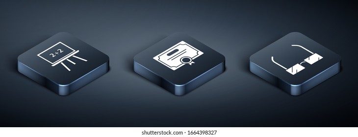 Set Isometric Chalkboard, Glasses and Certificate template icon. Vector